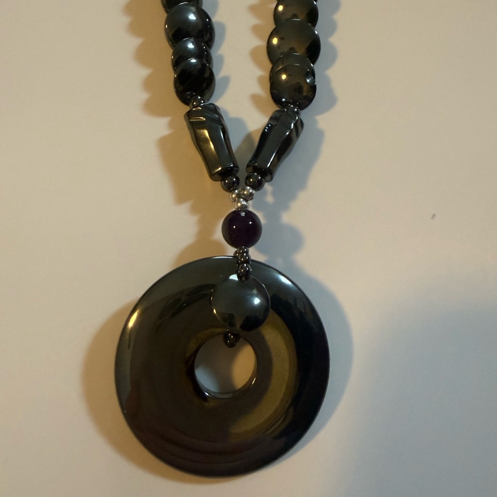Vintage Authentic Hemalite Beaded Necklaces, Disc Pendant, High Luster, 10"